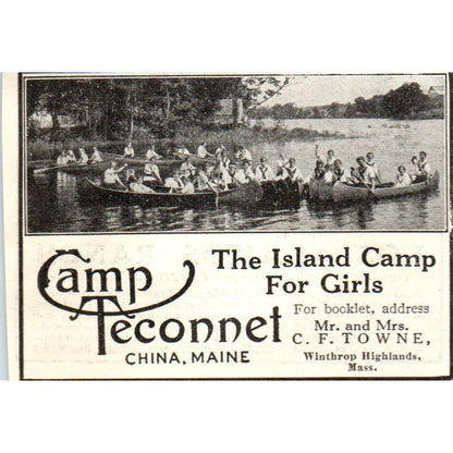 c1920 Harper's Magazine Ad - Camp Teconnet Island Camp for Girls China Maine EA3