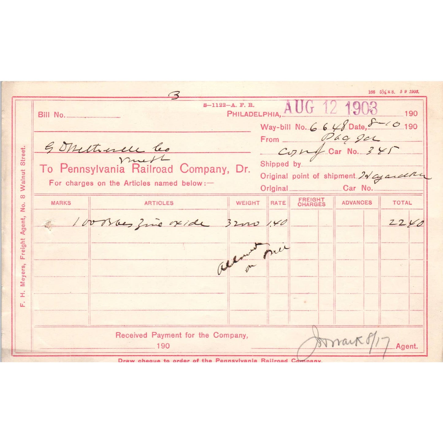 1903 Pennsylvania Railroad RR Company Way-Bill AD8
