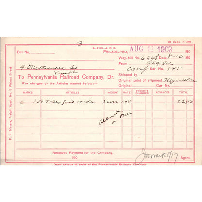 1903 Pennsylvania Railroad RR Company Way-Bill AD8