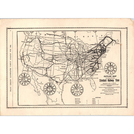 1885 Engraving Standard Railway Time Outline Map W.F. Allen 7.75x11" AD4