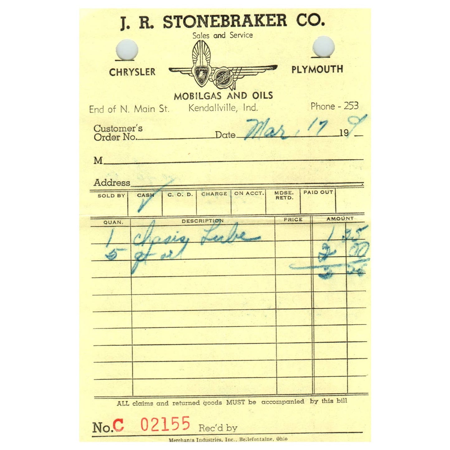 1949 JR Stonebraker Co. Mobilgas and Oils Letterhead Kendallville IN AD8-4