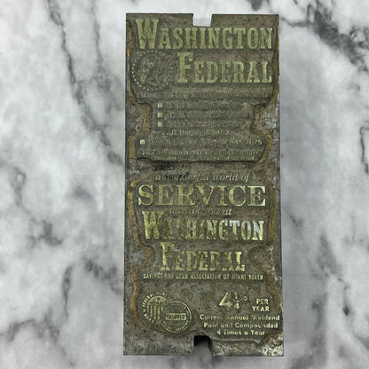Vintage Printing Letterpress Printers Block Plate Washington Federal TJ52