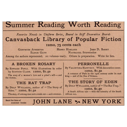 Summer Reading John Lane New York 4x5.5" - 1904 Original Ad TJ8-8