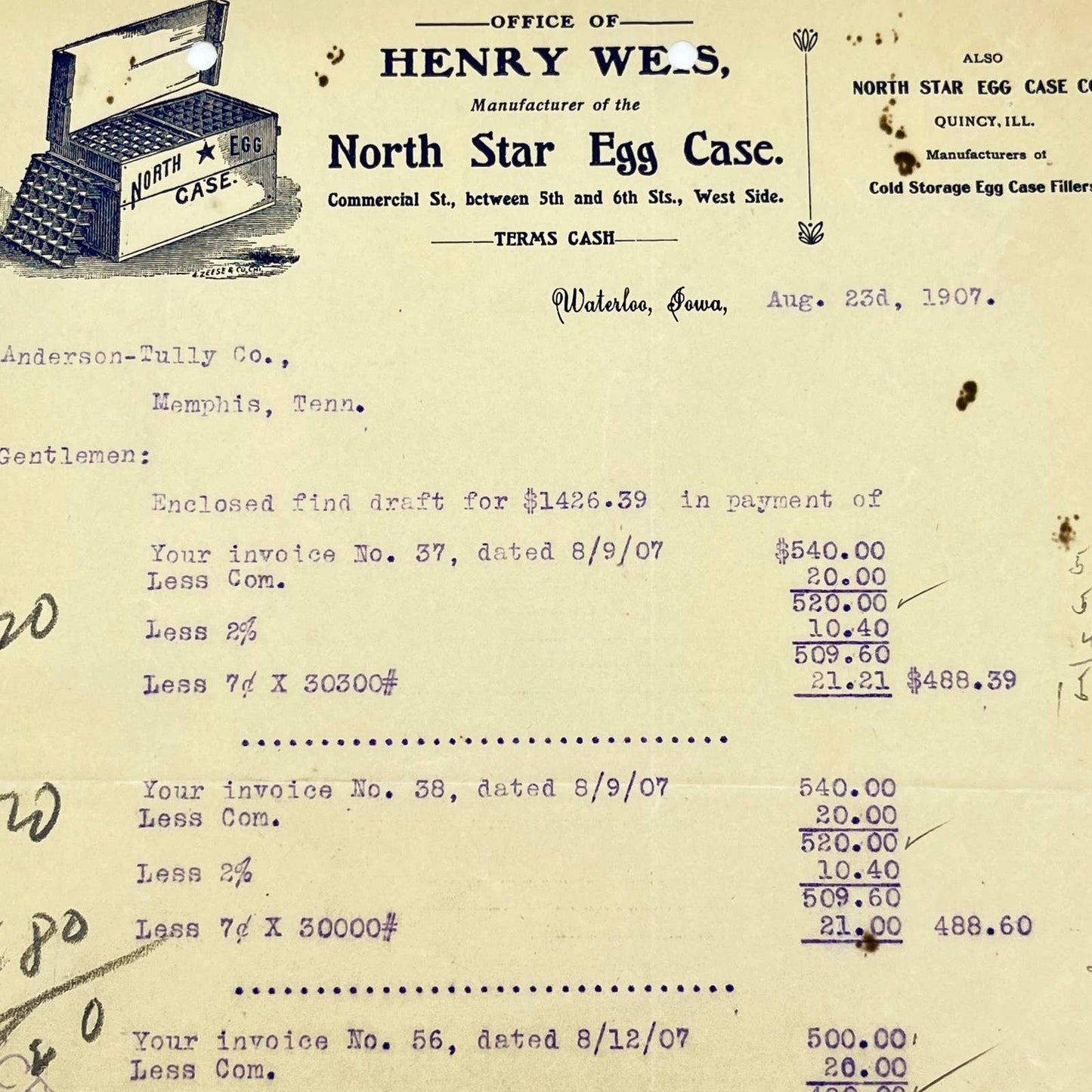 1907 Henry Weis North Star Egg Case  Letterhead Waterloo Iowa AB5