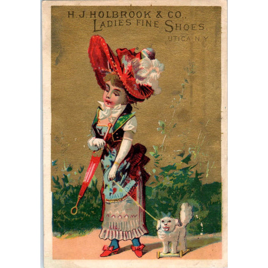 1880s Trade Card H.J. Holbrook & Co Ladies Shoes Utica Girl and Dog NY SE4