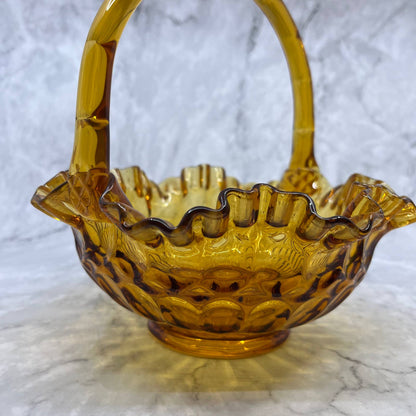 Vintage Fenton Amber Crimped Glass Thumbprint Basket Vase w/ Handle 8x7.5" TE2