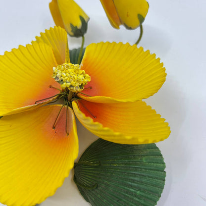 Vintage Handmade Yellow Flower Made from Seashells 6” TE5