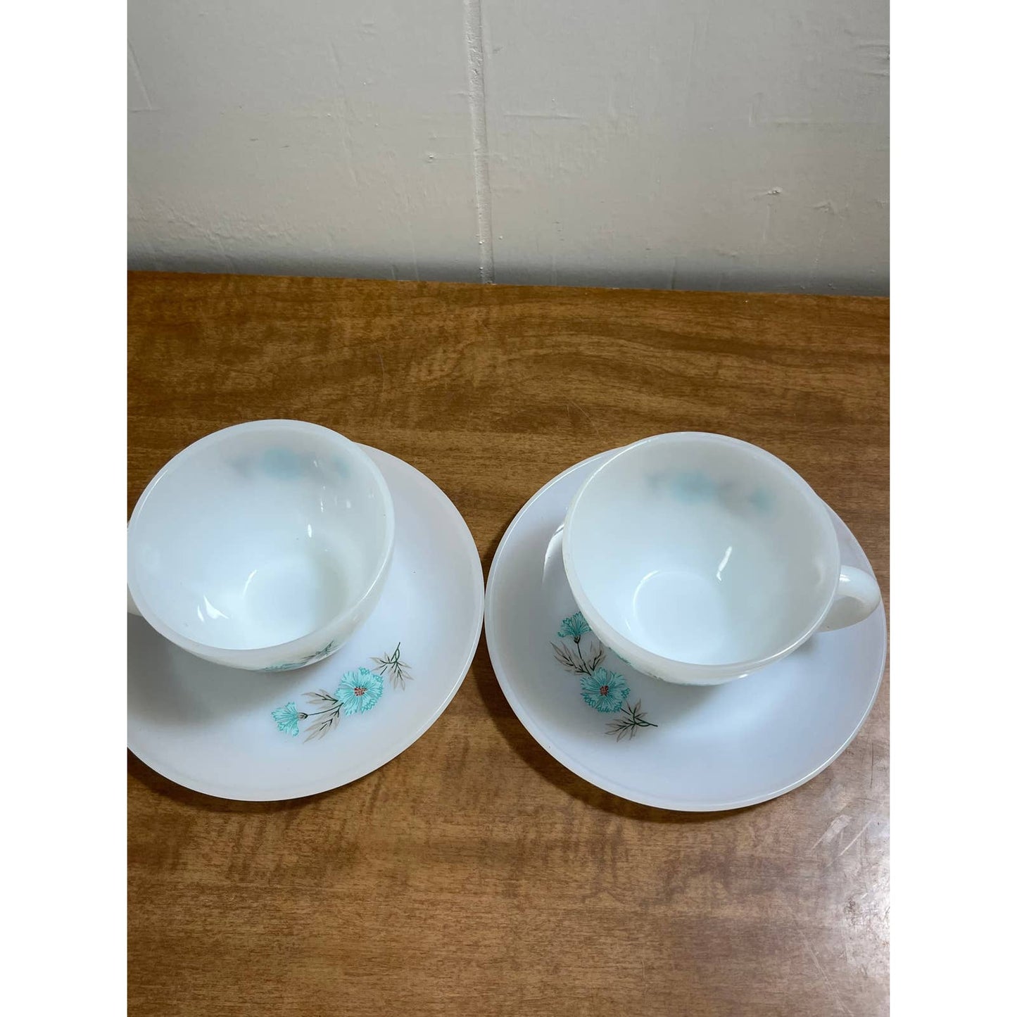 1950s MCM Atomic Fire King Cup Mug Saucer Bonnie Blue Carnation Set of 2 TG8