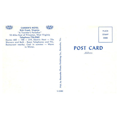 Vintage Postcard - Carden's Motel Rich Creek West Virginia AD9