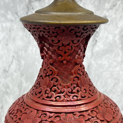 Vintage MCM Asian Chinese Cinnabar Lacquer Style Table Lamp WORKS 15" TI7