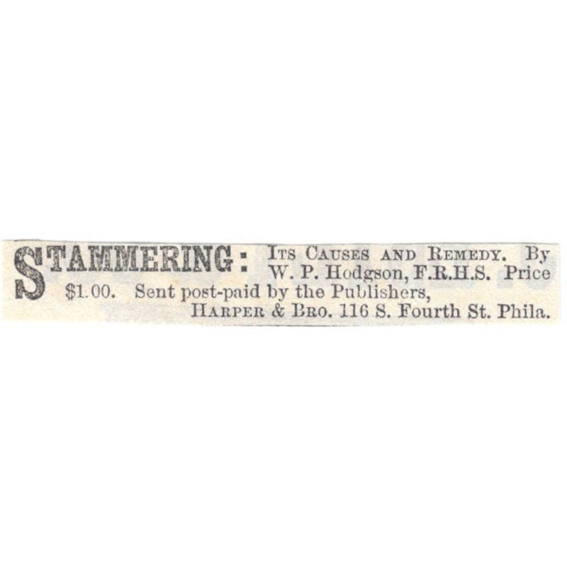 Stammering Remedy W.P. Hodgson Harper & Bro - Ad 1878 Original TJ7-L2-2