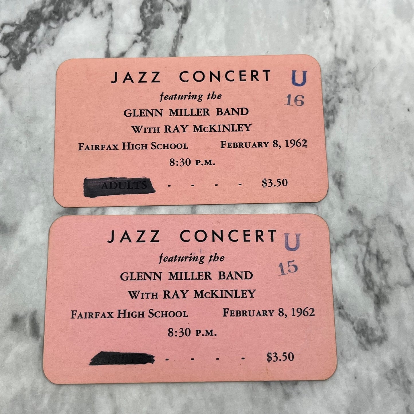 1962 Glenn Miller Band Ray McKinley Concert Tickets Fairfax High School AK3-M42