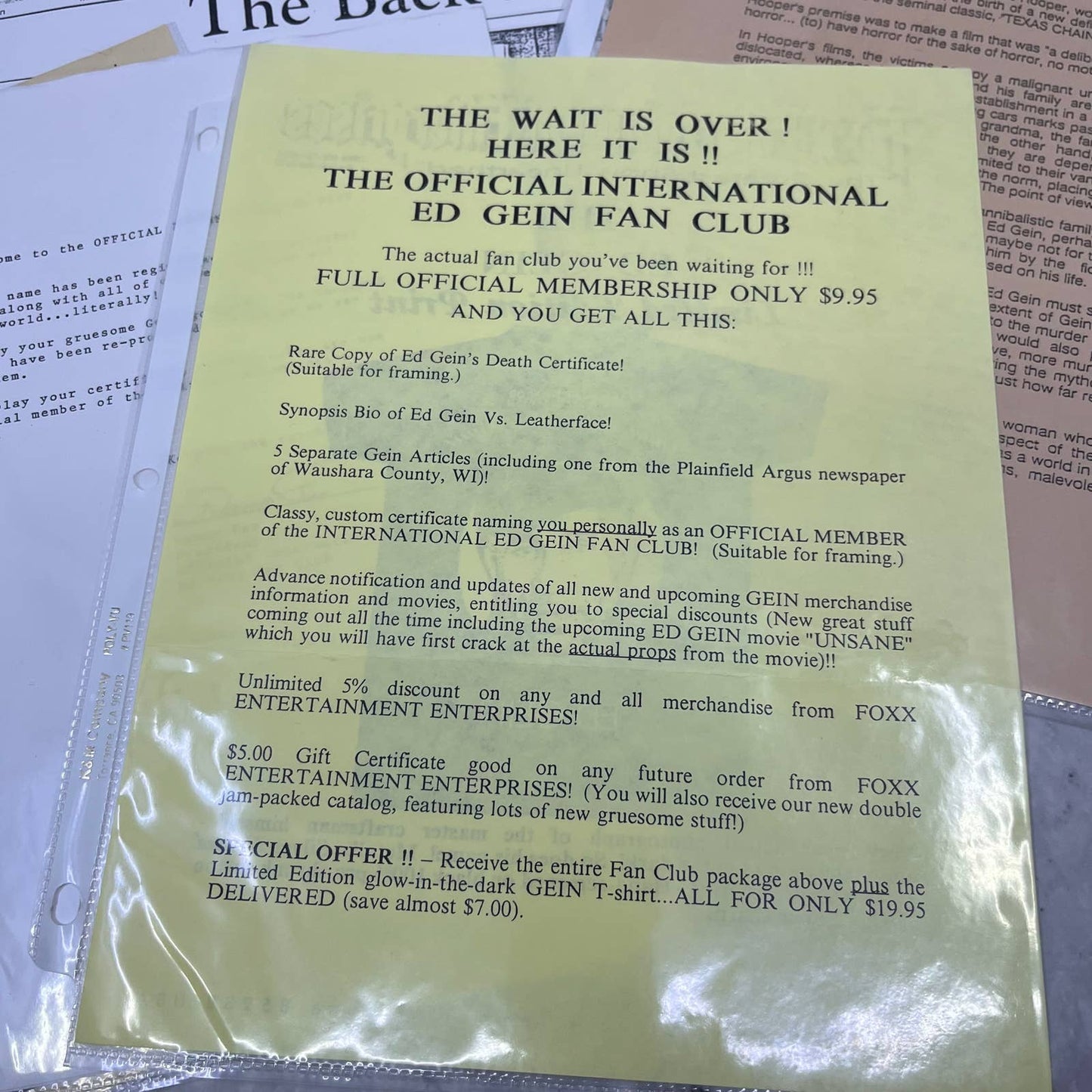 Vintage Ed Gein Fan Club Ephemera Collection FL5