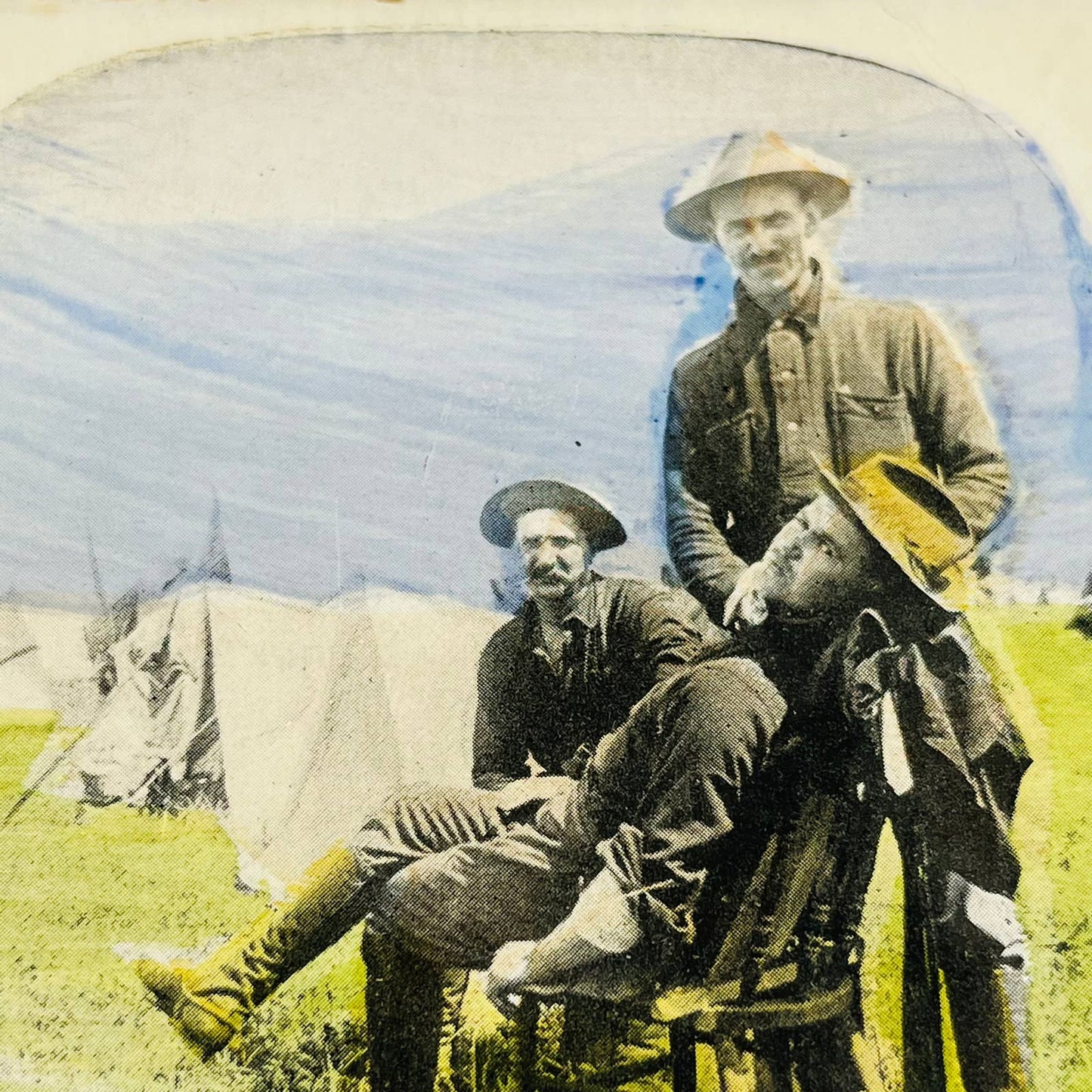 1898 Stereoview Card Tinted Spanish-American War US Army Troops w/ Camp Barber