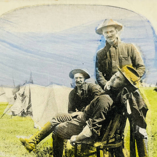 1898 Stereoview Card Tinted Spanish-American War US Army Troops w/ Camp Barber