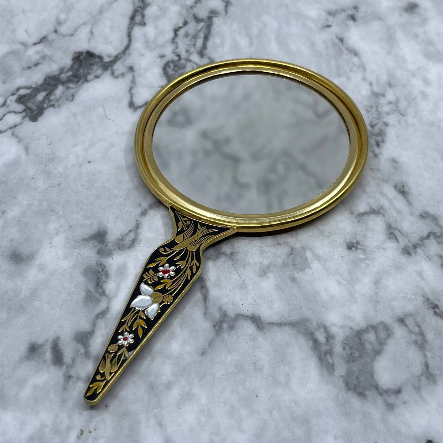 Vintage Asian Cloisonné Handheld Vanity Hand Mirror 5" TJ9