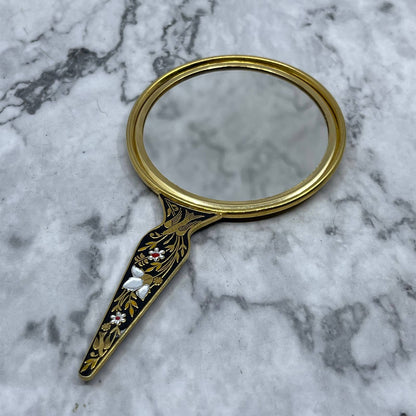 Vintage Asian Cloisonné Handheld Vanity Hand Mirror 5" TJ9