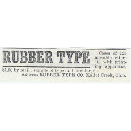 Rubber Type Co. Mallet Creek Ohio - Ad 1878 Original TJ7-L2-2