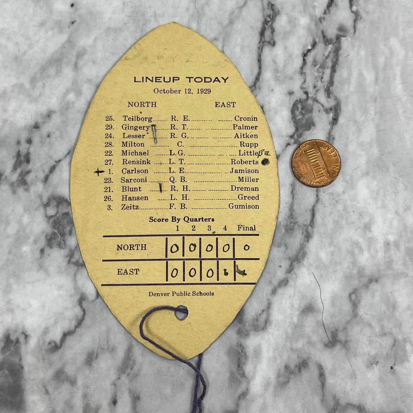 1929 North High School Vs. East High Denver Football Score Card P4-8