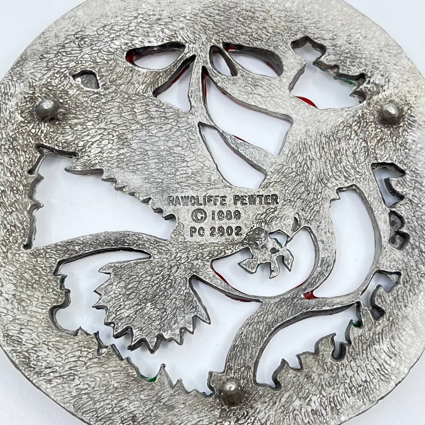 1989 Rawcliffe Pewter Painted Rhinestone Christmas Bird Trivet TF7