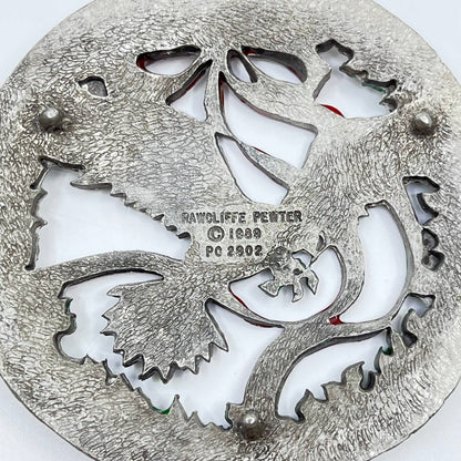 1989 Rawcliffe Pewter Painted Rhinestone Christmas Bird Trivet TF7