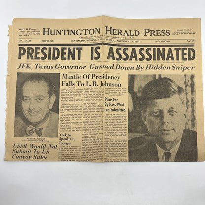 JFK Kennedy Assassination Newspaper Nov 22 1963 Huntington Herald Press IN FL3