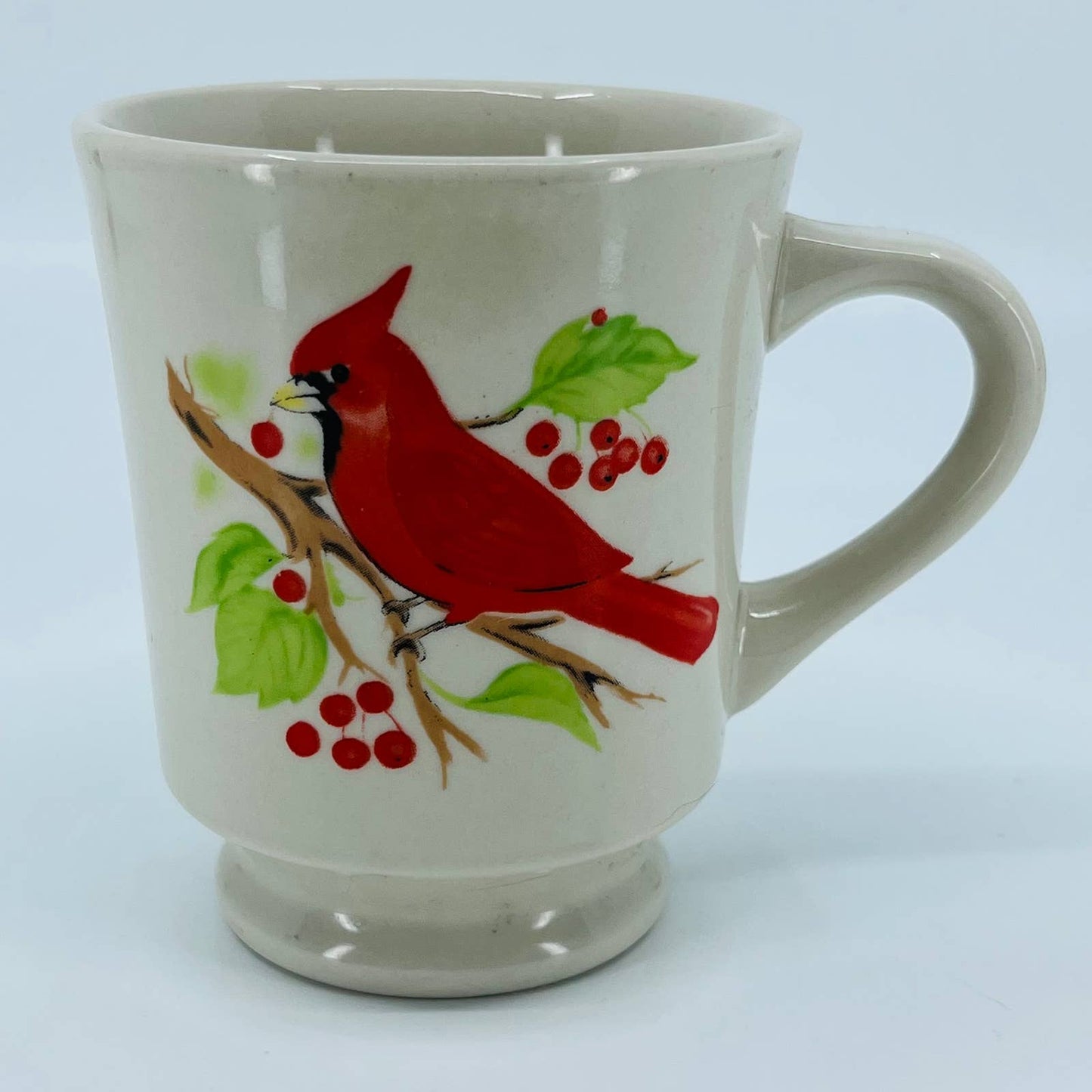 Vintage 1960s Fred Roberts Style Pedestal Stoneware Mug Cardinal Holly TB7