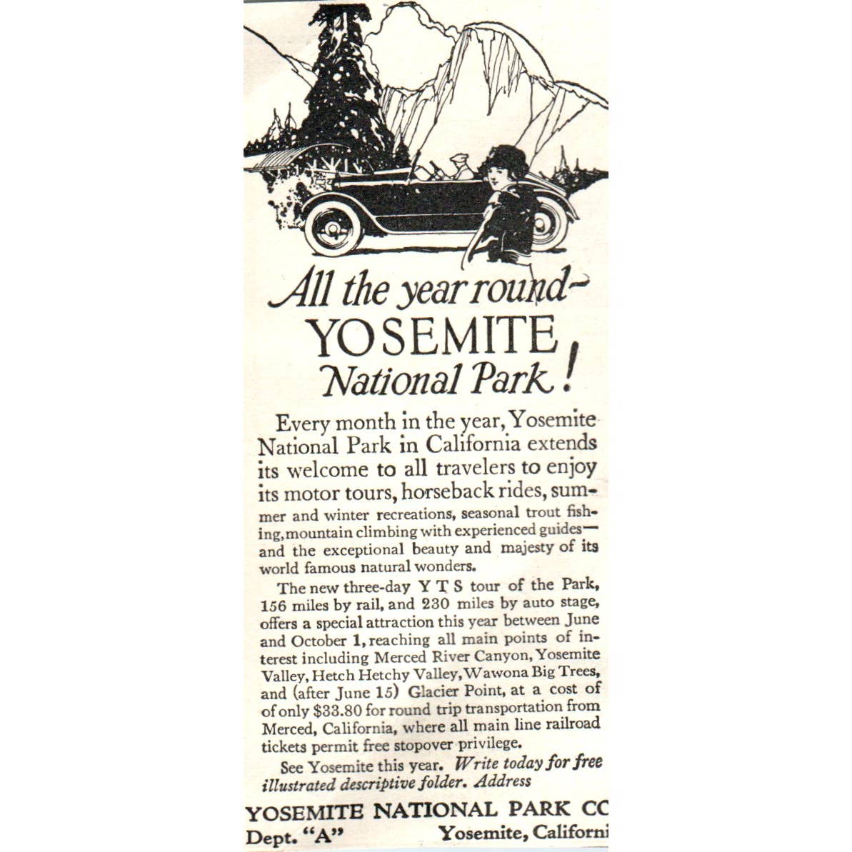 Yosemite Park Travel California - 1921 Original Ad TJ7-S