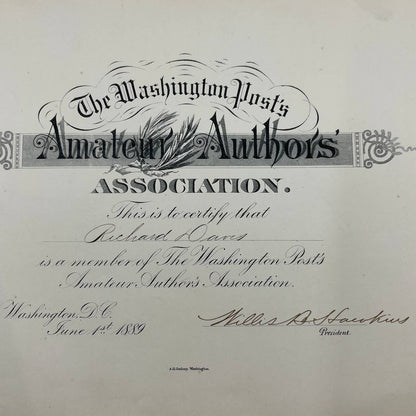 1889 Washington Post Amateur Authors’ Association Certificate Richard Davis AA6