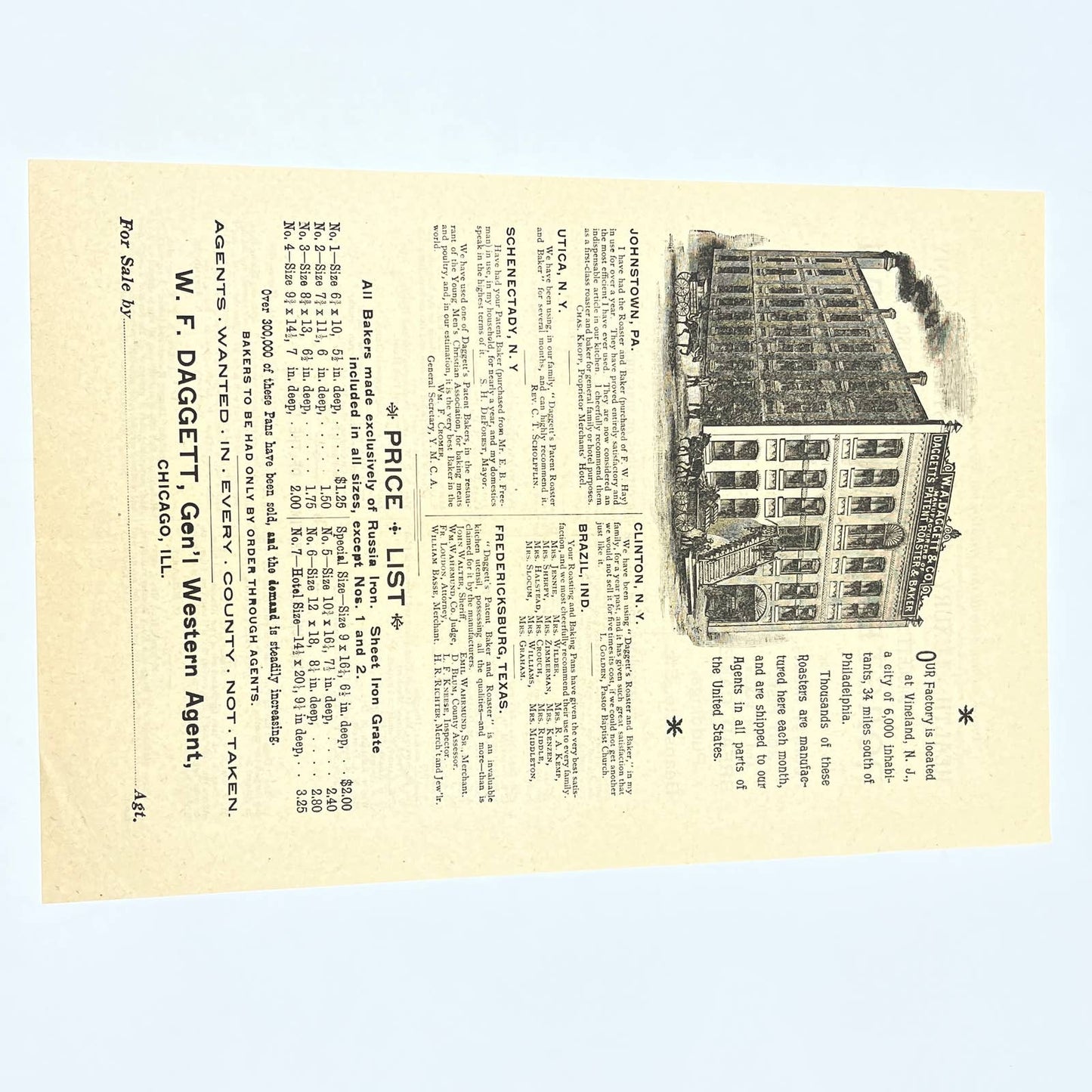 1891 Letterhead Price List W.A. Daggett & Co. Patent Roaster & Baker Chicago AC2