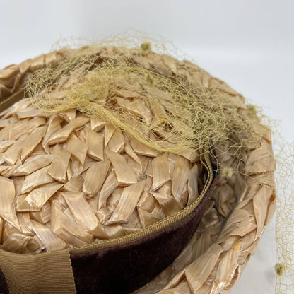Vintage Women’s Straw Woven Pillbox  Hat With Brown Velvet Bow and Netting HB1