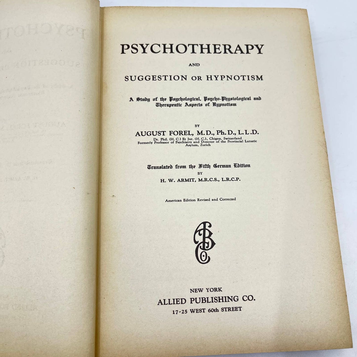 1927 Psychotherapy and Suggestion or Hypnotism August Forel Dust Jacket TF4