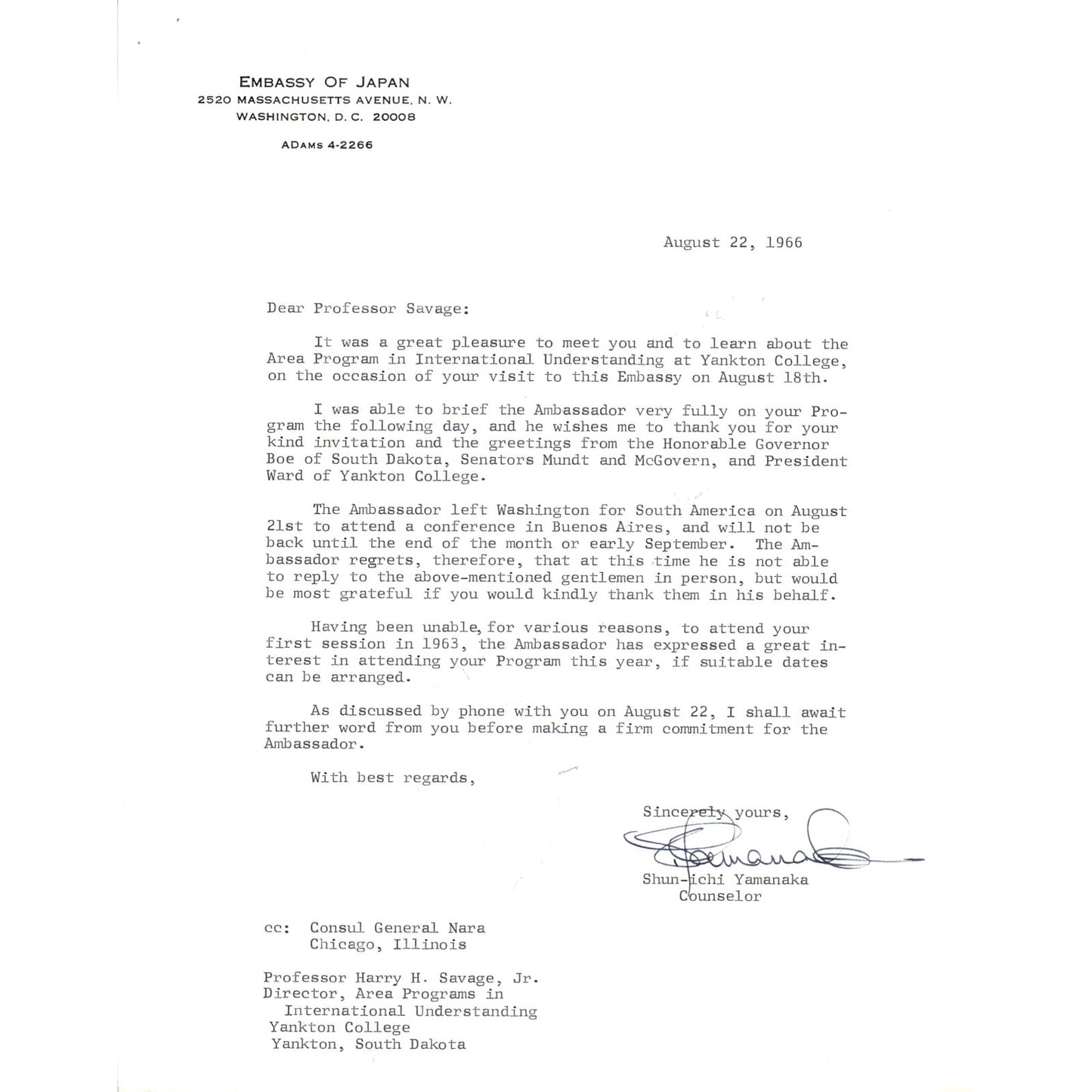Embassy of Japan Letterhead Memo Shun-Ichi Yamanaka 8/22/66 B14