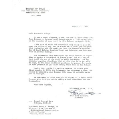 Embassy of Japan Letterhead Memo Shun-Ichi Yamanaka 8/22/66 B14