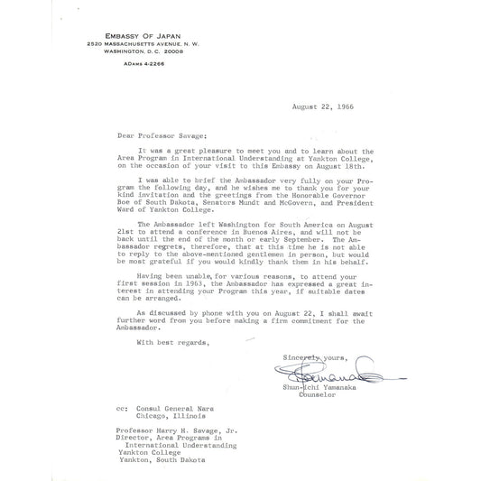Embassy of Japan Letterhead Memo Shun-Ichi Yamanaka 8/22/66 B14