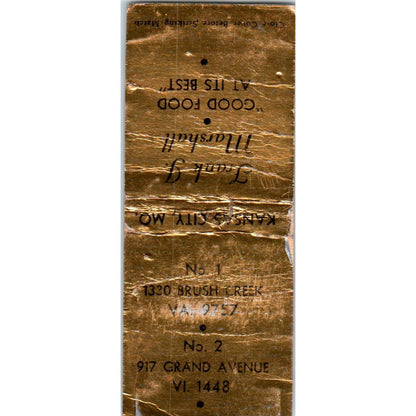 Frank J Marshall Dining Kansas City MO Advertising Matchbook Cover SA9-M2