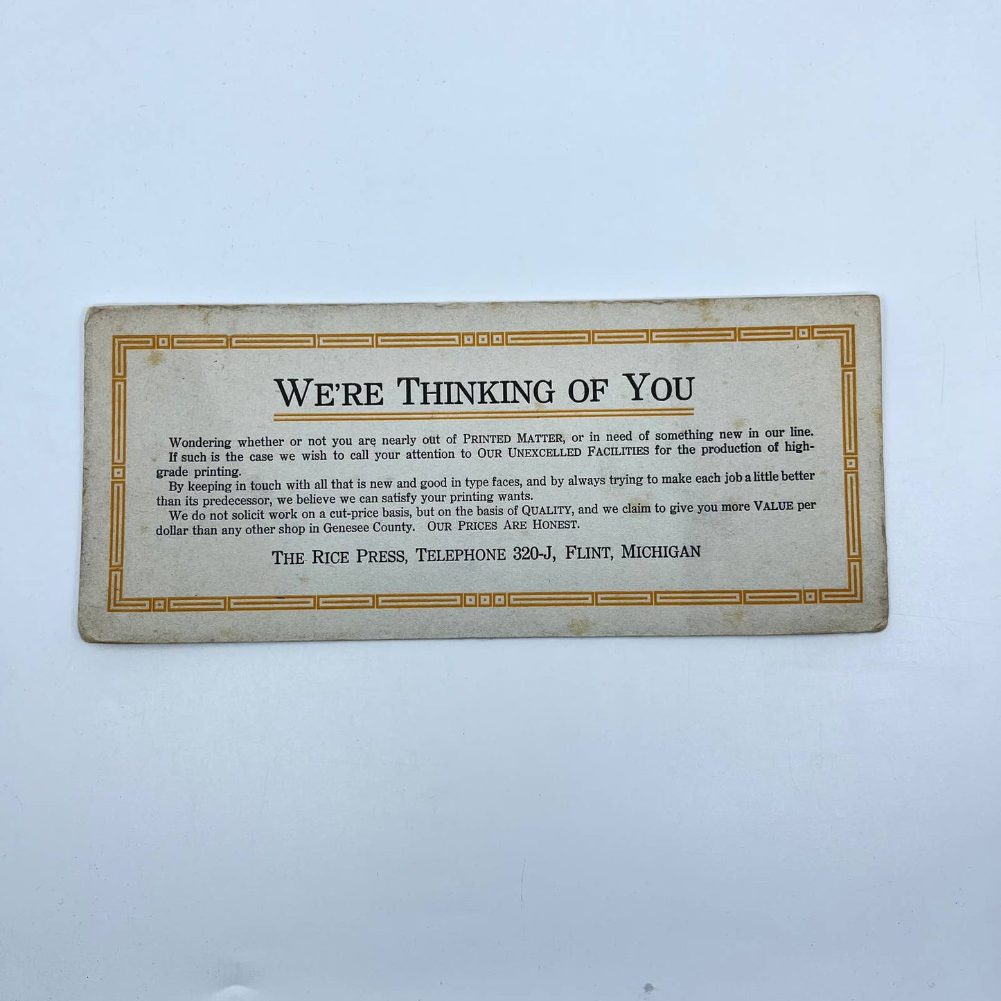 1910s Blotter Card The Rice Press Thinking of You Flint MI SC8