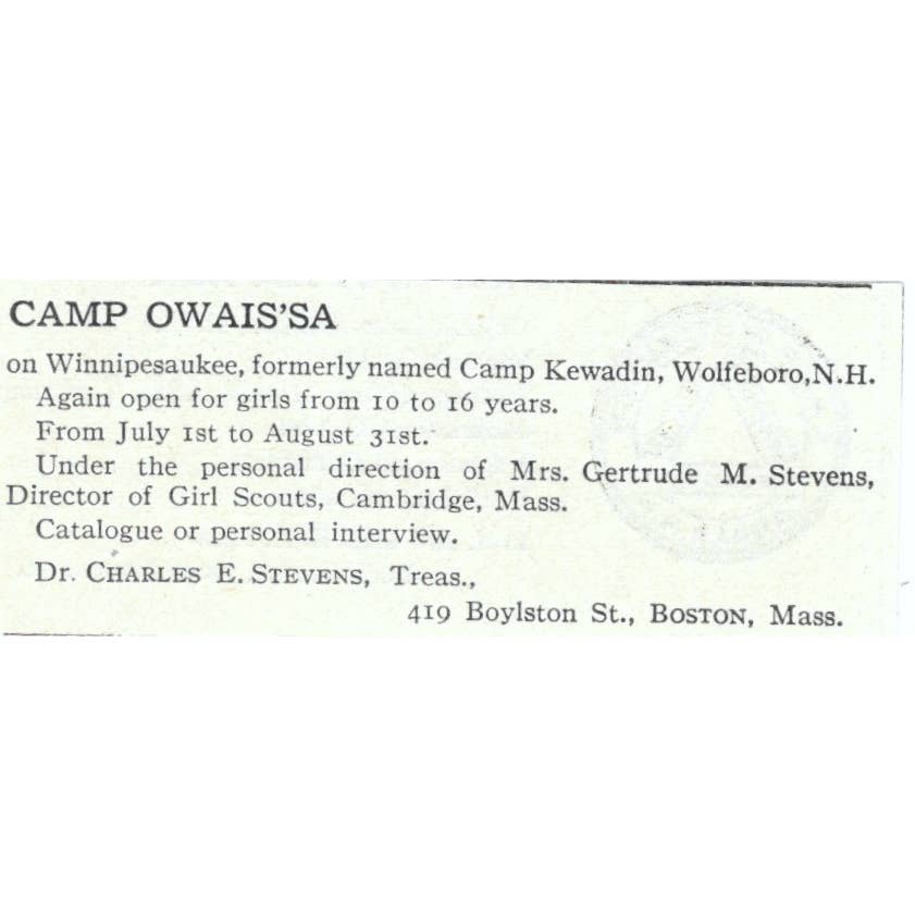 Camp Owaissa Wolfeboro NH Gertrude M. Stevens - 1921 Original Ad TJ7-S6