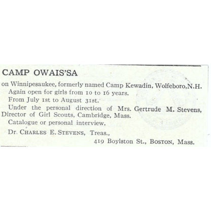 Camp Owaissa Wolfeboro NH Gertrude M. Stevens - 1921 Original Ad TJ7-S6