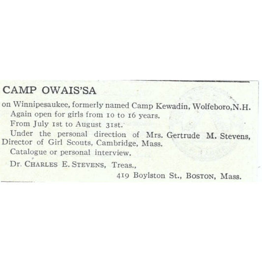 Camp Owaissa Wolfeboro NH Gertrude M. Stevens - 1921 Original Ad TJ7-S6