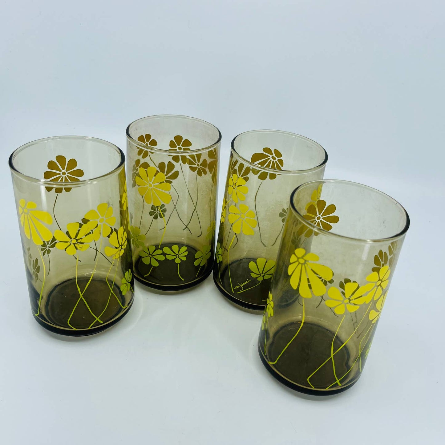 VTG 1970s MOD set of 4 Smoke Glass Daisy Highball Tumblers Signed WM Janeri TB8