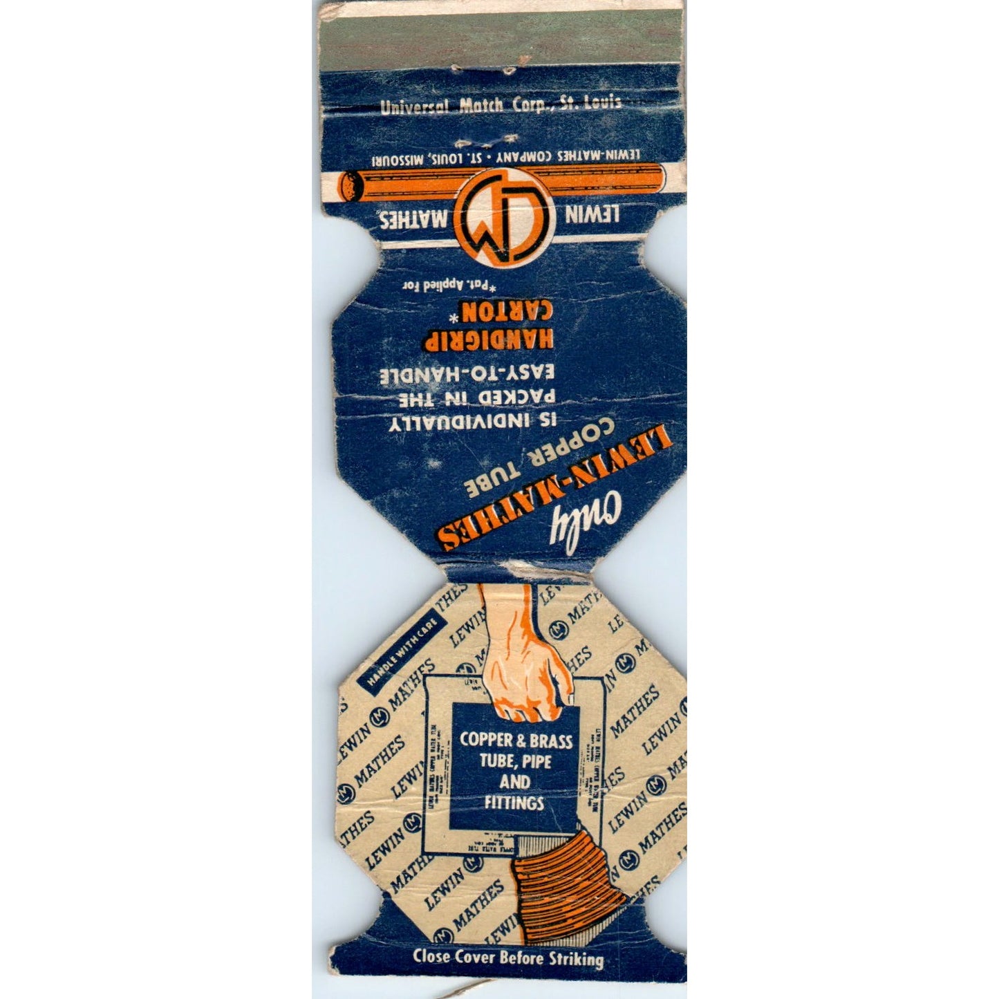 Lewin-Mathes Copper Tube St. Louis MO Die Cut Advertising Matchbook Cover MM9-10