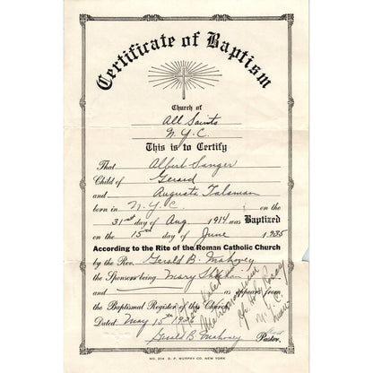 1935 Certificate of Baptism All Saints Church NYC Albert Sanger AD4