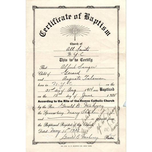 1935 Certificate of Baptism All Saints Church NYC Albert Sanger AD4