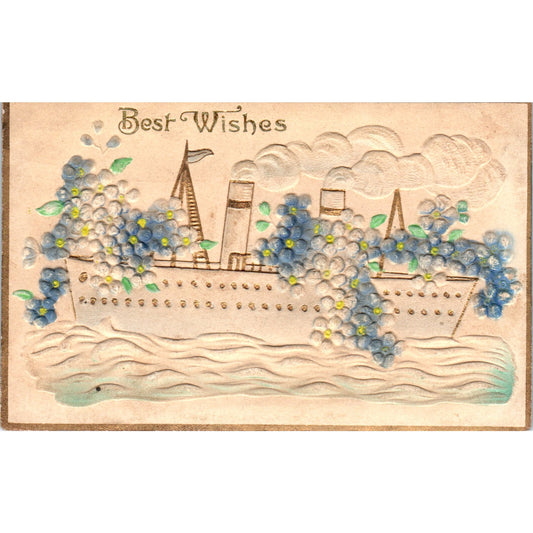 Steamer Steam Ship Best Wishes Embossed Air Brushed 1910 Postcard P1-14