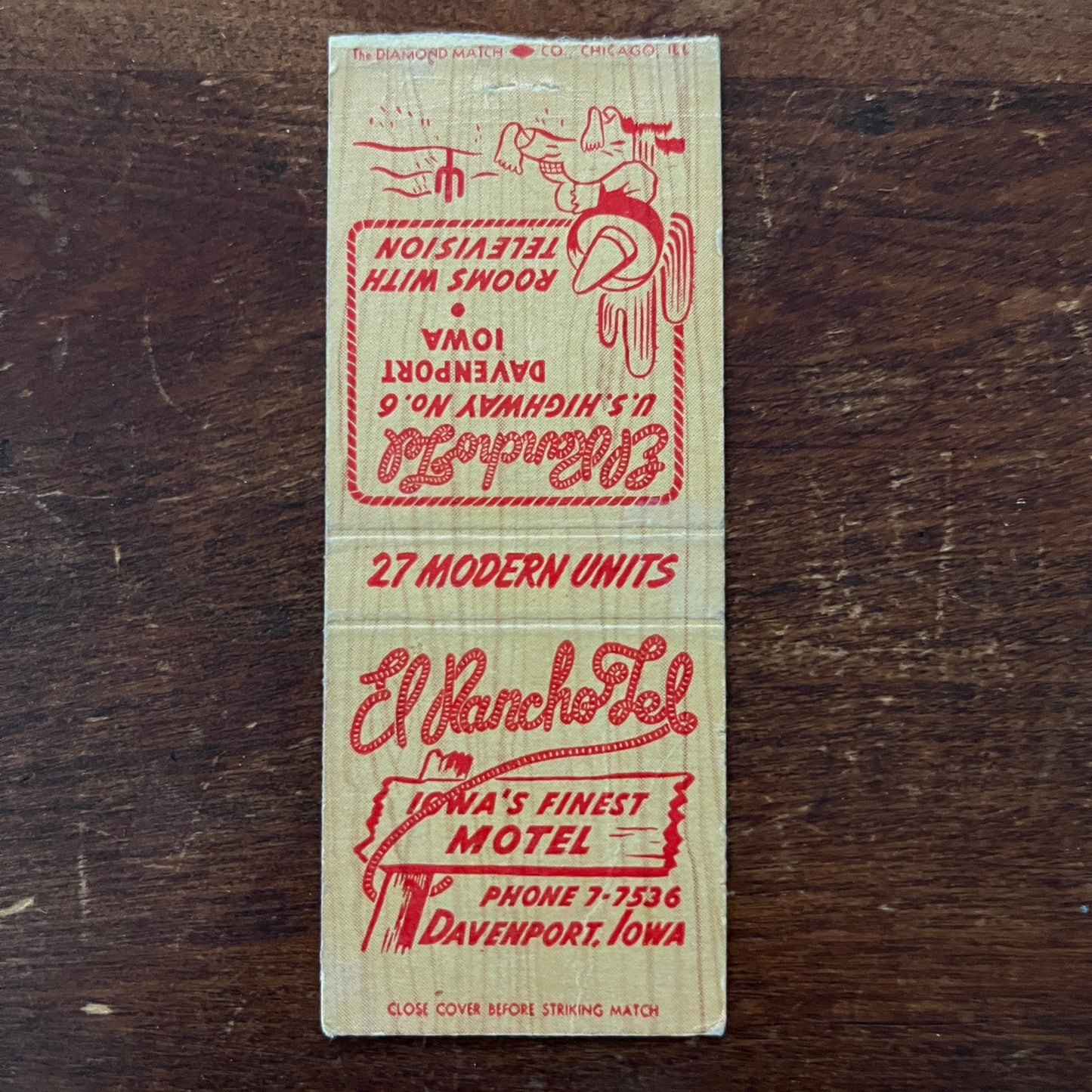 El Rancho Lel Motel Davenport Iowa Advertising Matchbook Cover MM11-6