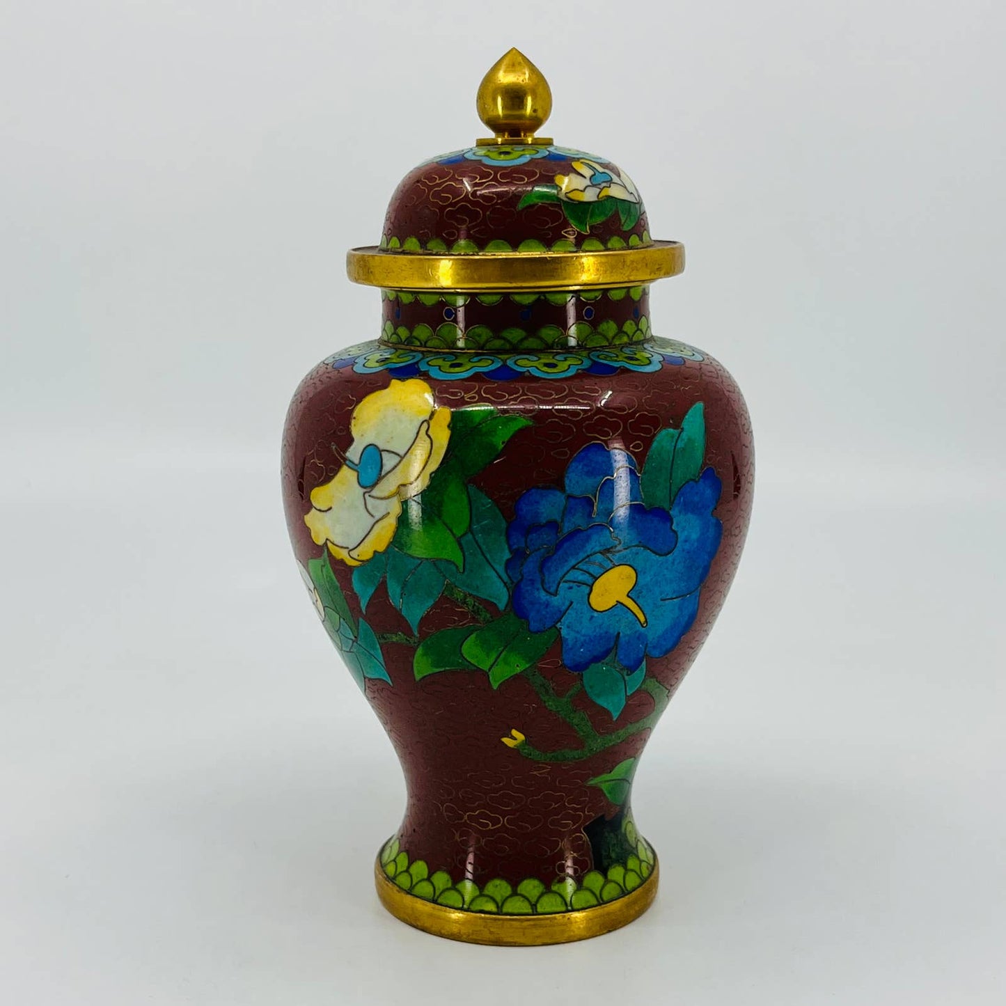 Antique/Vintage Chinese Cloisonné Enamel & Brass Ginger Jar Vase Urn 6” TB7
