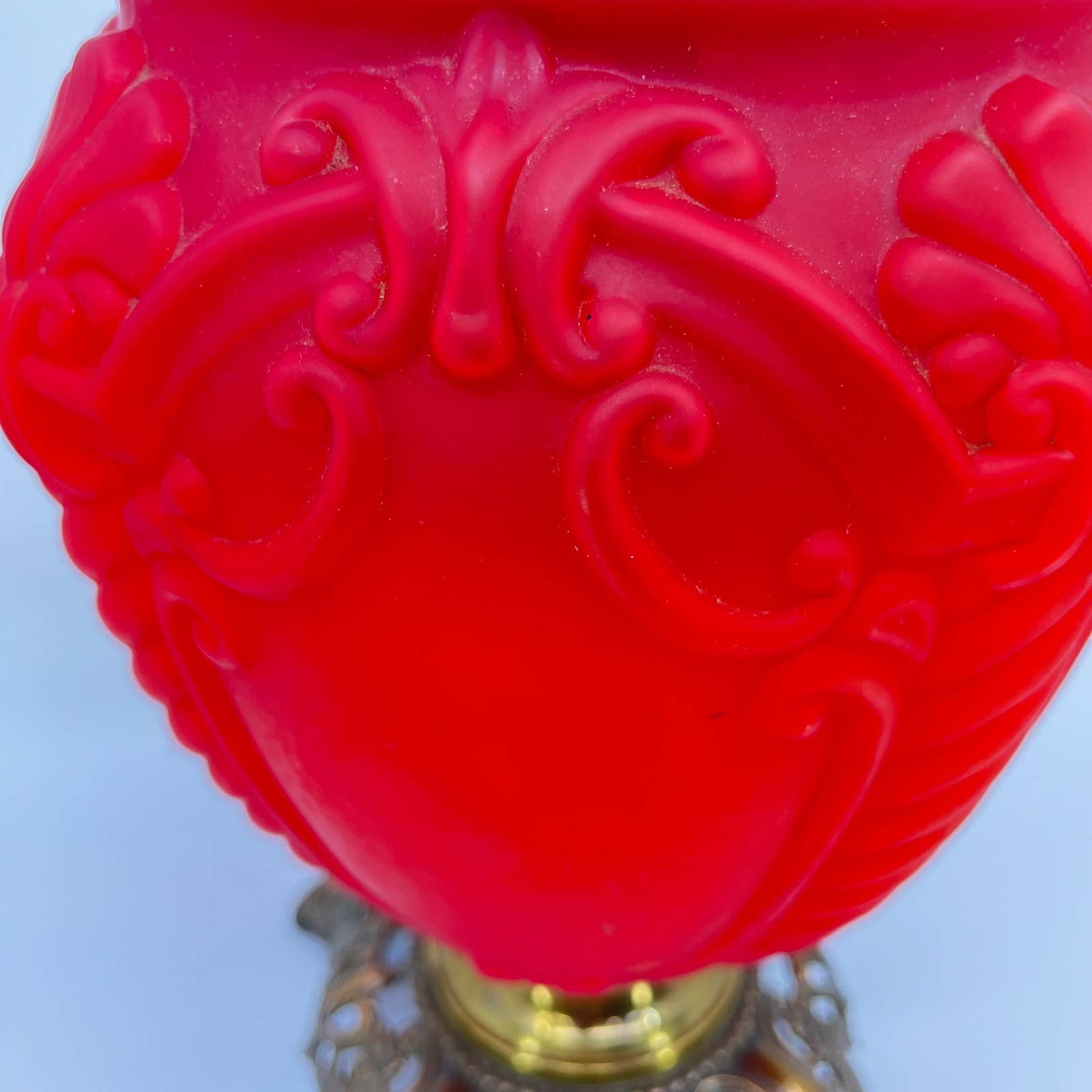 Antique Red Satin Glass and Brass Gone With the Wind Lamp Base LB2