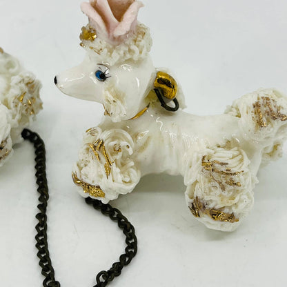 Vintage Poodle Dogs on Chain Hand Painted Bone China Porcelain 2” SA5