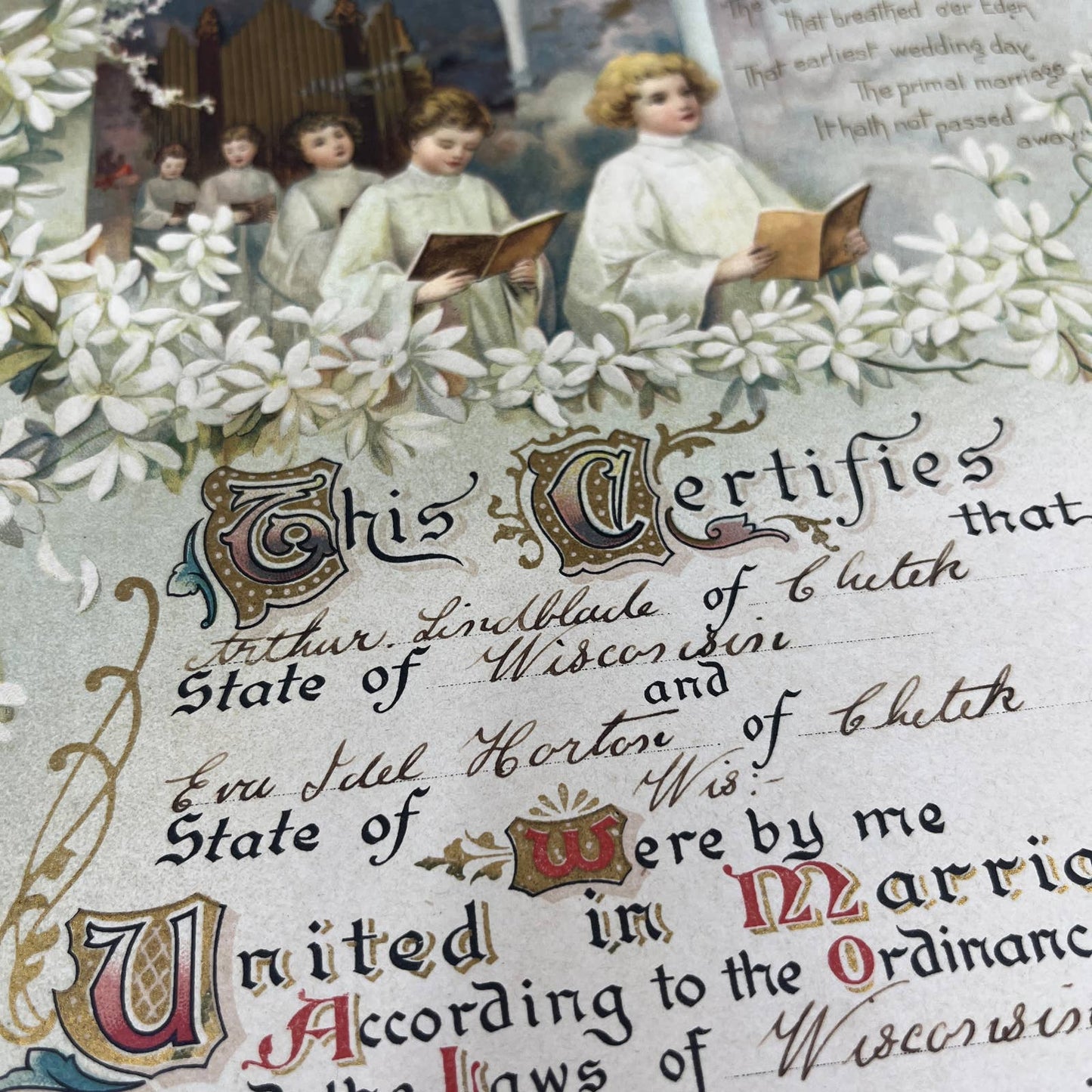 1911 Marriage Certificate Arthur Lindblade & Eva Idel Harton Chetek WI 11x15 FL3